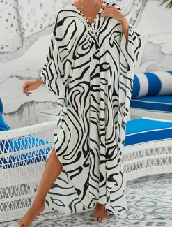 Women's Cover Up Graphic Leaf Print V Neck Long Dress Maxi Dress Hawaiian Vacation Beach 3/4 Length Sleeve Summer