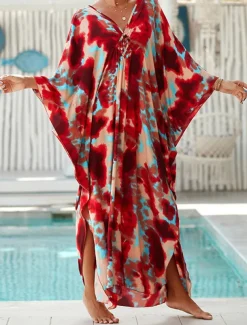 Women's Cover Up Graphic Leaf Print V Neck Long Dress Maxi Dress Hawaiian Vacation Beach 3/4 Length Sleeve Summer