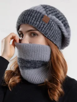 Women's Cozy and Stylish Knitted Beanie and Scarf Set with Fleece Lining and Ear Flaps - Warm and Cozy for Winter