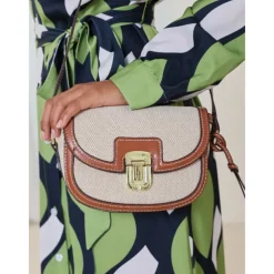 Women's Crossbody Bag – Vintage Leather Trim Small Shoulder Purse with Buckle Closure – Beige and Brown, Ideal for Daily Use and Travel