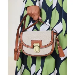 Women's Crossbody Bag – Vintage Leather Trim Small Shoulder Purse with Buckle Closure – Beige and Brown, Ideal for Daily Use and Travel