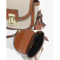 Women's Crossbody Bag – Vintage Leather Trim Small Shoulder Purse with Buckle Closure – Beige and Brown, Ideal for Daily Use and Travel