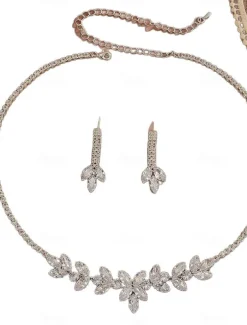Women's Crystal Leaf Necklace and Dangle Earrings Set - Elegant Zircon Jewelry for Evening Parties and Formal Events