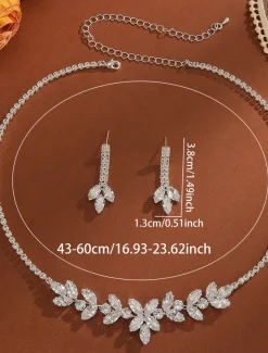 Women's Crystal Leaf Necklace and Dangle Earrings Set - Elegant Zircon Jewelry for Evening Parties and Formal Events