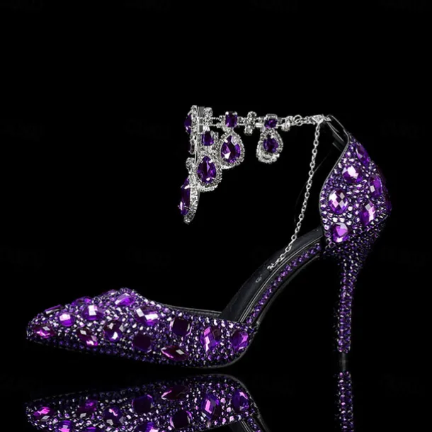 Women's Crystal Rhinestone Prom Shoes with Purple Gemstone Embellishments and Ankle Jewelry Chain - Elegant Stiletto Heels for Parties