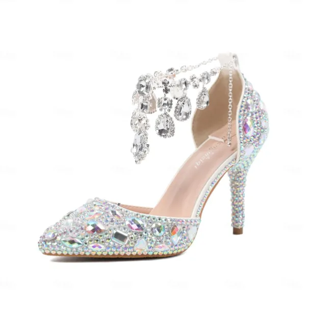 Women's Crystal Rhinestone Prom Shoes with Purple Gemstone Embellishments and Ankle Jewelry Chain - Elegant Stiletto Heels for Parties