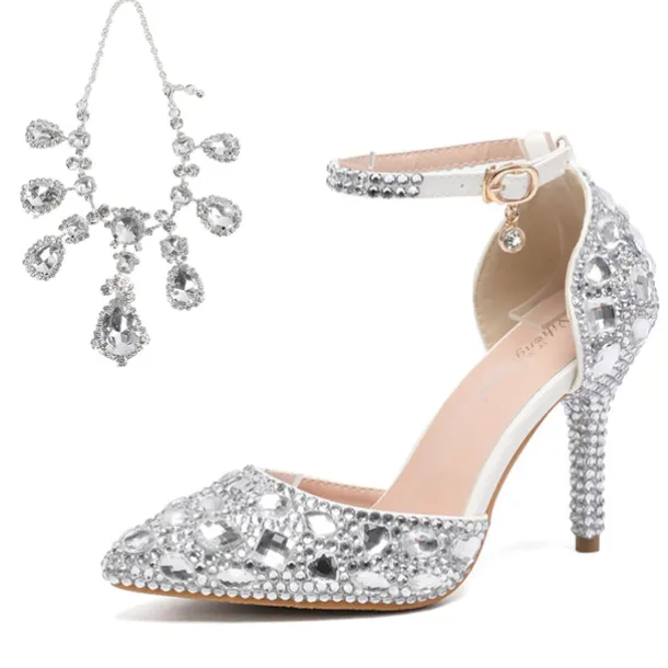 Women's Crystal Rhinestone Prom Shoes with Purple Gemstone Embellishments and Ankle Jewelry Chain - Elegant Stiletto Heels for Parties