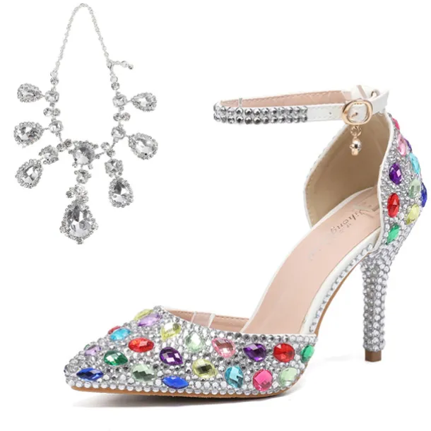 Women's Crystal Rhinestone Prom Shoes with Purple Gemstone Embellishments and Ankle Jewelry Chain - Elegant Stiletto Heels for Parties