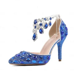 Women's Crystal Rhinestone Prom Shoes with Purple Gemstone Embellishments and Ankle Jewelry Chain - Elegant Stiletto Heels for Parties