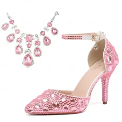 Women's Crystal Rhinestone Prom Shoes with Purple Gemstone Embellishments and Ankle Jewelry Chain - Elegant Stiletto Heels for Parties