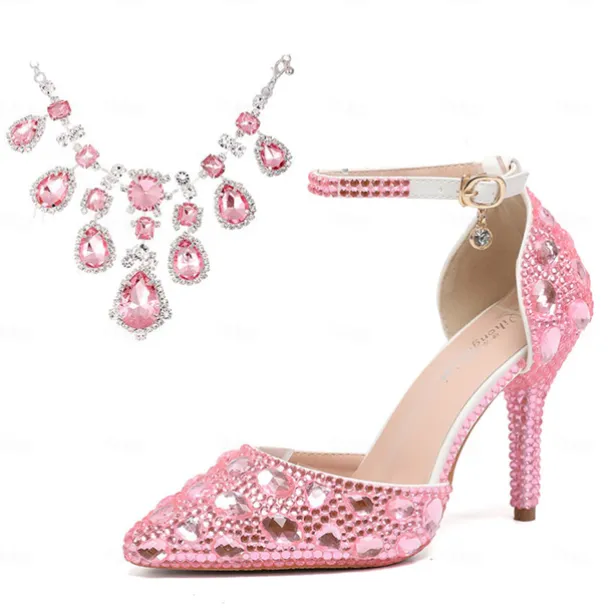 Women's Crystal Rhinestone Prom Shoes with Purple Gemstone Embellishments and Ankle Jewelry Chain - Elegant Stiletto Heels for Parties