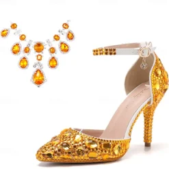 Women's Crystal Rhinestone Prom Shoes with Purple Gemstone Embellishments and Ankle Jewelry Chain - Elegant Stiletto Heels for Parties