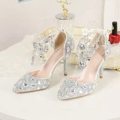 Women's Crystal Rhinestone Prom Shoes with Purple Gemstone Embellishments and Ankle Jewelry Chain - Elegant Stiletto Heels for Parties