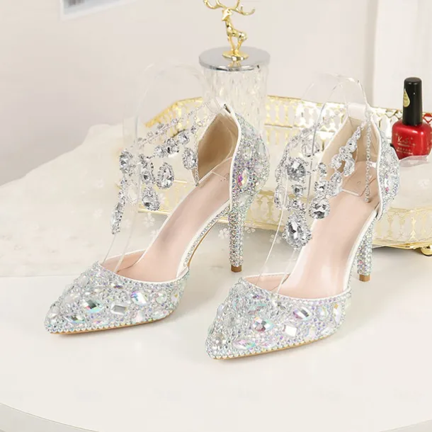 Women's Crystal Rhinestone Prom Shoes with Purple Gemstone Embellishments and Ankle Jewelry Chain - Elegant Stiletto Heels for Parties