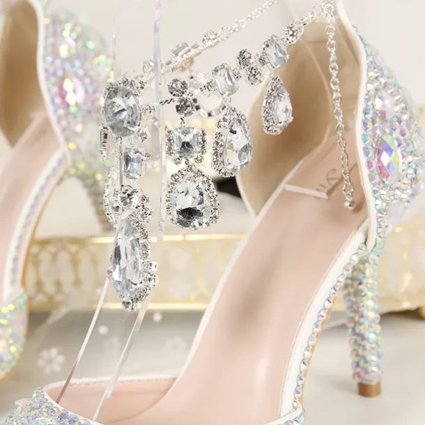 Women's Crystal Rhinestone Prom Shoes with Purple Gemstone Embellishments and Ankle Jewelry Chain - Elegant Stiletto Heels for Parties