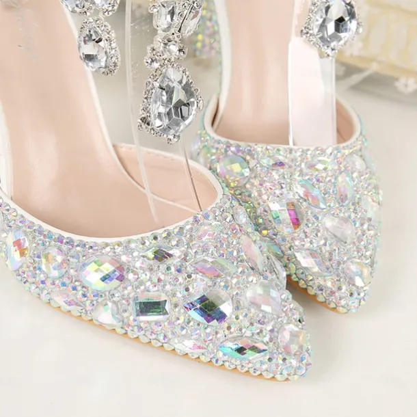 Women's Crystal Rhinestone Prom Shoes with Purple Gemstone Embellishments and Ankle Jewelry Chain - Elegant Stiletto Heels for Parties