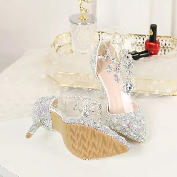 Women's Crystal Rhinestone Prom Shoes with Purple Gemstone Embellishments and Ankle Jewelry Chain - Elegant Stiletto Heels for Parties