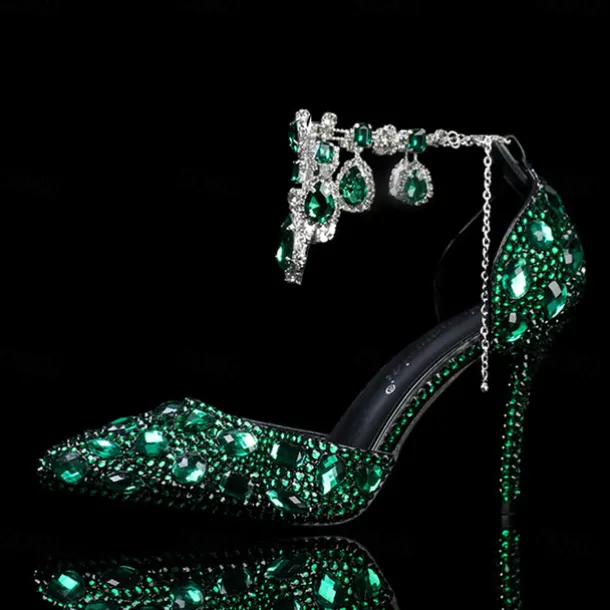 Women's Crystal Rhinestone Prom Shoes with Purple Gemstone Embellishments and Ankle Jewelry Chain - Elegant Stiletto Heels for Parties