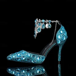Women's Crystal Rhinestone Prom Shoes with Purple Gemstone Embellishments and Ankle Jewelry Chain - Elegant Stiletto Heels for Parties