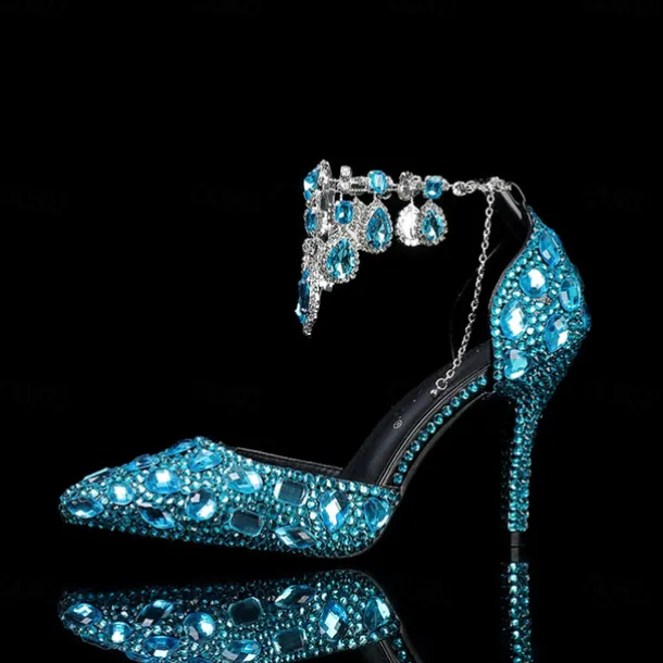 Women's Crystal Rhinestone Prom Shoes with Purple Gemstone Embellishments and Ankle Jewelry Chain - Elegant Stiletto Heels for Parties