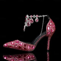 Women's Crystal Rhinestone Prom Shoes with Purple Gemstone Embellishments and Ankle Jewelry Chain - Elegant Stiletto Heels for Parties