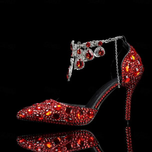 Women's Crystal Rhinestone Prom Shoes with Purple Gemstone Embellishments and Ankle Jewelry Chain - Elegant Stiletto Heels for Parties