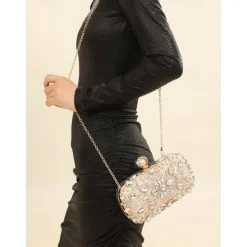 Women's Crystal-Embellished Clutch Bag, Elegant Evening Handbag with Pearl and Rhinestone Detailing, Perfect for Weddings, Parties, and Formal Events Black Silver Gold