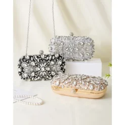 Women's Crystal-Embellished Clutch Bag, Elegant Evening Handbag with Pearl and Rhinestone Detailing, Perfect for Weddings, Parties, and Formal Events Black Silver Gold