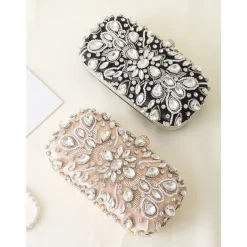 Women's Crystal-Embellished Clutch Bag, Elegant Evening Handbag with Pearl and Rhinestone Detailing, Perfect for Weddings, Parties, and Formal Events Black Silver Gold