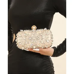 Women's Crystal-Embellished Clutch Bag, Elegant Evening Handbag with Pearl and Rhinestone Detailing, Perfect for Weddings, Parties, and Formal Events Black Silver Gold