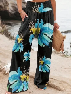 Women's Culottes Wide Leg Fashion Streetwear Full Length High Waist Floral Pocket Elastic Waistband Comfy Soft Comfortable Micro-elastic Street Going out Robin's Egg Blue Black Sage Gray Summer Spring