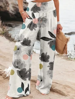 Women's Culottes Wide Leg Fashion Streetwear Full Length High Waist Floral Pocket Elastic Waistband Comfy Soft Comfortable Micro-elastic Street Going out Robin's Egg Blue Black Sage Gray Summer Spring