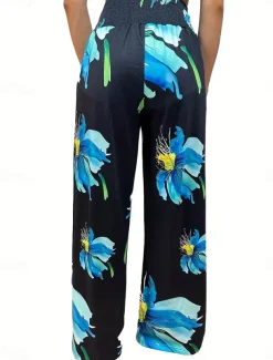 Women's Culottes Wide Leg Fashion Streetwear Full Length High Waist Floral Pocket Elastic Waistband Comfy Soft Comfortable Micro-elastic Street Going out Robin's Egg Blue Black Sage Gray Summer Spring