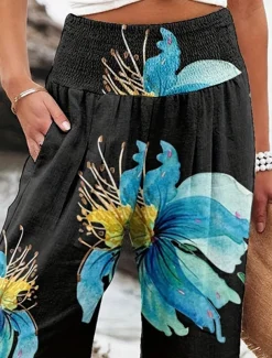 Women's Culottes Wide Leg Fashion Streetwear Full Length High Waist Floral Pocket Elastic Waistband Comfy Soft Comfortable Micro-elastic Street Going out Robin's Egg Blue Black Sage Gray Summer Spring