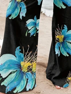 Women's Culottes Wide Leg Fashion Streetwear Full Length High Waist Floral Pocket Elastic Waistband Comfy Soft Comfortable Micro-elastic Street Going out Robin's Egg Blue Black Sage Gray Summer Spring