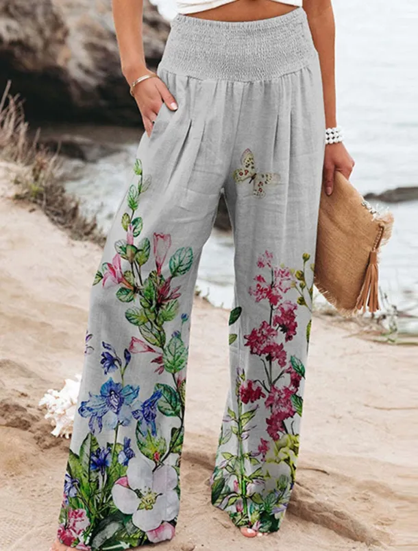 Women's Culottes Wide Leg Chinos Vacation Vintage Fashion Full Length High Waist Floral Pocket Elastic Waistband Comfy Soft Comfortable Micro-elastic Outdoor Vacation Magenta Robin's Egg Blue Pink