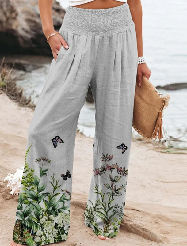 Women's Culottes Wide Leg Chinos Vacation Vintage Fashion Full Length High Waist Floral Pocket Elastic Waistband Comfy Soft Comfortable Micro-elastic Outdoor Vacation Magenta Robin's Egg Blue Pink