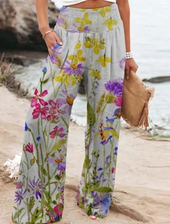 Women's Culottes Wide Leg Chinos Vacation Vintage Fashion Full Length High Waist Floral Pocket Elastic Waistband Comfy Soft Comfortable Micro-elastic Outdoor Vacation Magenta Robin's Egg Blue Pink