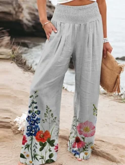 Women's Culottes Wide Leg Chinos Vacation Vintage Fashion Full Length High Waist Floral Pocket Elastic Waistband Comfy Soft Comfortable Micro-elastic Outdoor Vacation Magenta Robin's Egg Blue Pink