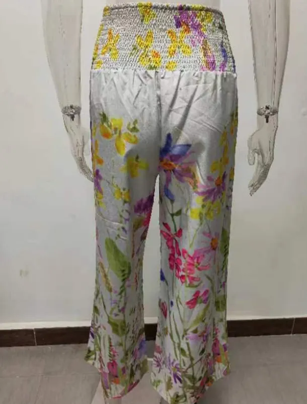 Women's Culottes Wide Leg Chinos Vacation Vintage Fashion Full Length High Waist Floral Pocket Elastic Waistband Comfy Soft Comfortable Micro-elastic Outdoor Vacation Magenta Robin's Egg Blue Pink