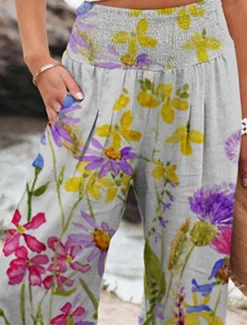 Women's Culottes Wide Leg Chinos Vacation Vintage Fashion Full Length High Waist Floral Pocket Elastic Waistband Comfy Soft Comfortable Micro-elastic Outdoor Vacation Magenta Robin's Egg Blue Pink