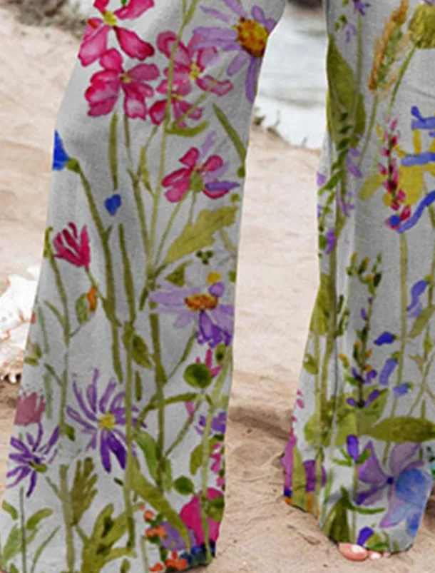 Women's Culottes Wide Leg Chinos Vacation Vintage Fashion Full Length High Waist Floral Pocket Elastic Waistband Comfy Soft Comfortable Micro-elastic Outdoor Vacation Magenta Robin's Egg Blue Pink