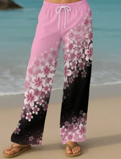 Women's Culottes Wide Leg Vacation Vintage Ethnic Style Full Length High Waist Floral Graphic Quick Dry Breathability Soft Inelastic Formal Outdoor Vacation Yellow Pink Blue Purple Summer Spring