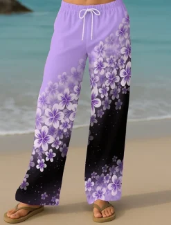 Women's Culottes Wide Leg Vacation Vintage Ethnic Style Full Length High Waist Floral Graphic Quick Dry Breathability Soft Inelastic Formal Outdoor Vacation Yellow Pink Blue Purple Summer Spring