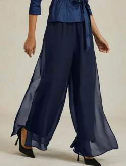 Women's Culottes Wide Leg Straight-Leg Trousers Elegant Stylish Classic Style Full Length Medium Waist Solid Color Elastic Waist Stretchy Wedding Vacation Party Navy Blue Spring, Fall, Winter, Summer