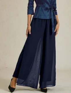 Women's Culottes Wide Leg Straight-Leg Trousers Elegant Stylish Classic Style Full Length Medium Waist Solid Color Elastic Waist Stretchy Wedding Vacation Party Navy Blue Spring, Fall, Winter, Summer