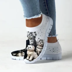 Women's Cute Cat Print Sneakers – Cozy Slip-On Shoes with Adorable Kitten Design for Everyday Casual Wear