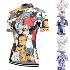 Women's Cycling Jersey Cat Short Sleeve Bike Tee Tshirt Jersey with 3 Rear Pockets Mountain Bike MTB Quick Dry Anatomic Design Wicking Breathable Sports Black White Dark Purple Clothing Apparel