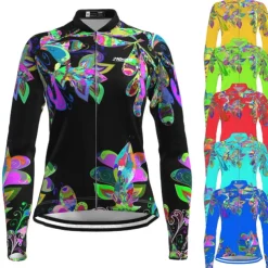 Women's Cycling Jersey Floral Botanical Long Sleeve Bike Top with 3 Rear Pockets Mountain Bike MTB Road Bike Cycling Quick Dry Reflective Strips Back Pocket Moisture Wicking Sports Black Yellow Red