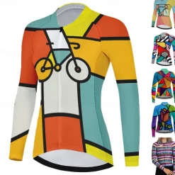 Women's Cycling Jersey Geometric Geometry Funny Long Sleeve Bike Jersey Top with 3 Rear Pockets Mountain Bike MTB Road Bike Cycling Quick Dry Reflective Strips Back Pocket Moisture Wicking Sports